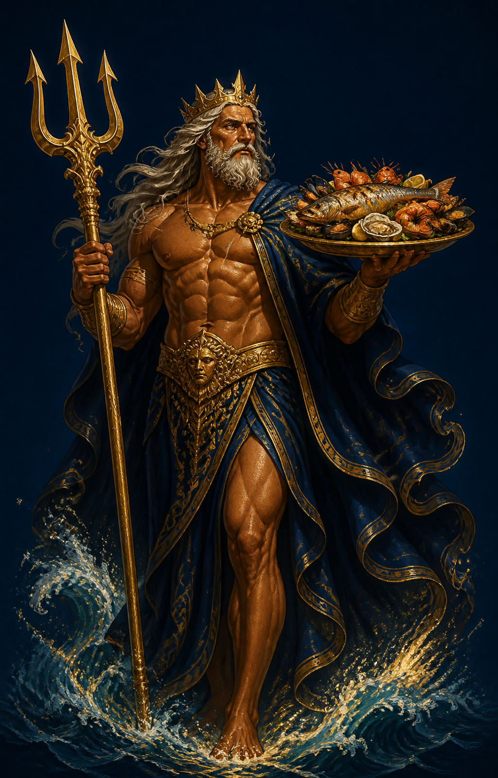 Poseidon holding a seafood platter